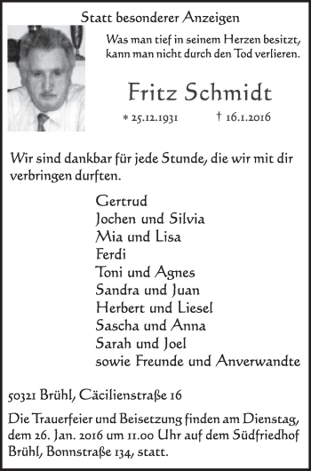 Anzeige von Fritz Schmidt von  Schlossbote/Werbekurier 