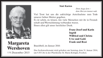 Anzeige von Margareta Wershoven von  Wochenende 