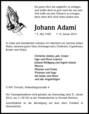 Anzeige von Johann Adami von Kölner Stadt-Anzeiger / Kölnische Rundschau / Express