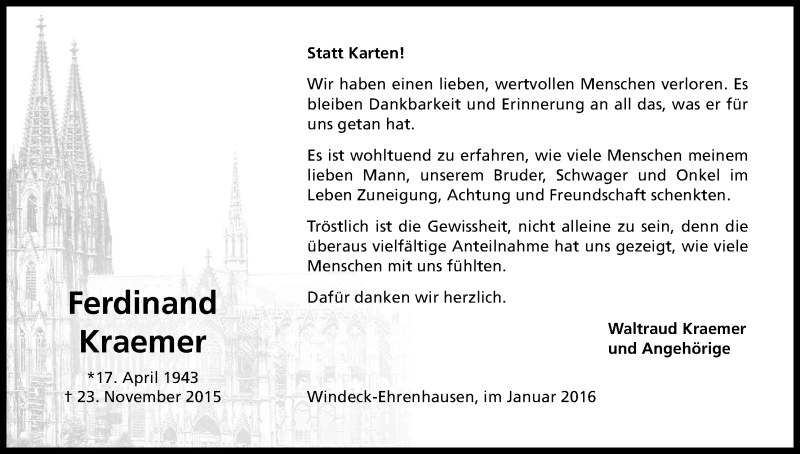  Traueranzeige für Ferdinand Kraemer vom 20.01.2016 aus Kölner Stadt-Anzeiger / Kölnische Rundschau / Express