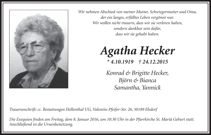  Traueranzeige für Agatha Hecker vom 02.01.2016 aus  Sonntags-Post 