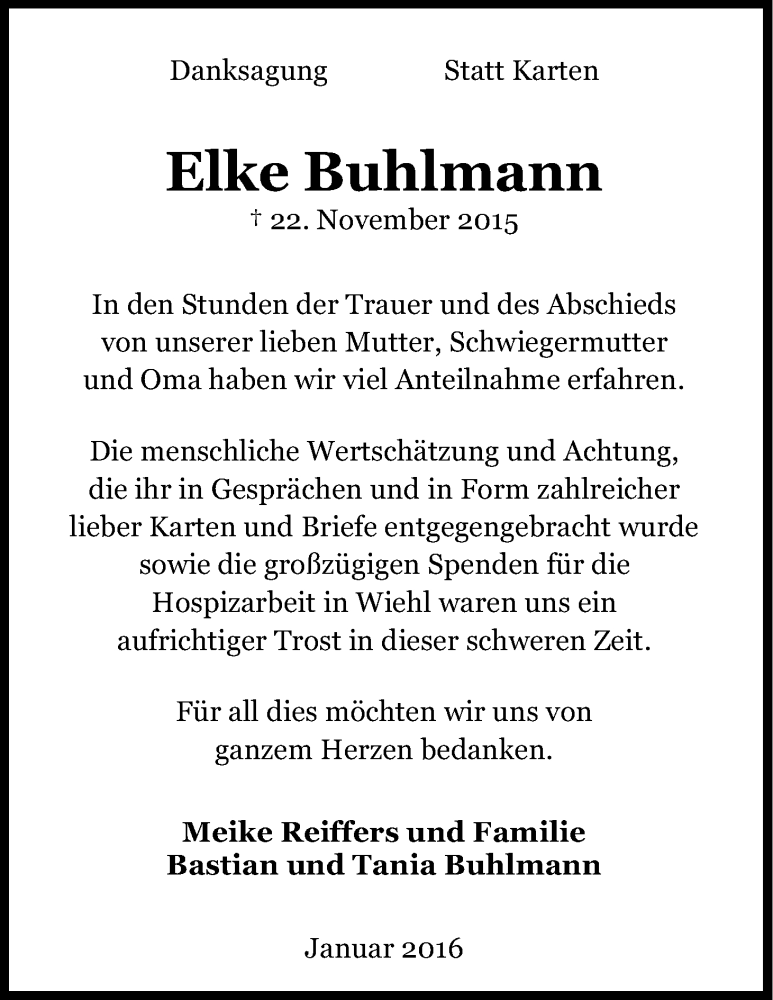  Traueranzeige für Elke Buhlmann vom 23.01.2016 aus Kölner Stadt-Anzeiger / Kölnische Rundschau / Express