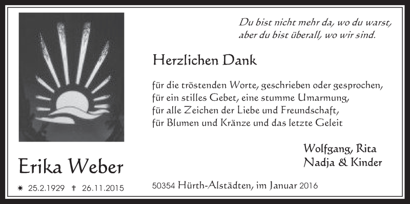  Traueranzeige für Erika Weber vom 20.01.2016 aus  Wochenende 