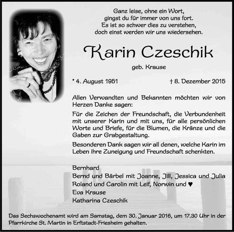  Traueranzeige für Karin Czeschik vom 23.01.2016 aus Kölner Stadt-Anzeiger / Kölnische Rundschau / Express
