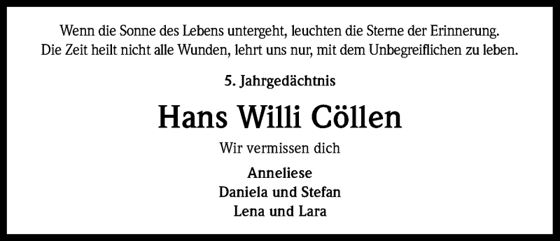  Traueranzeige für Hans Willi Cöllen vom 02.01.2016 aus Kölner Stadt-Anzeiger / Kölnische Rundschau / Express