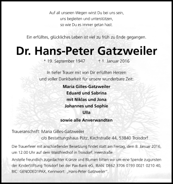 Anzeige von Hans-Peter Gatzweiler von Kölner Stadt-Anzeiger / Kölnische Rundschau / Express