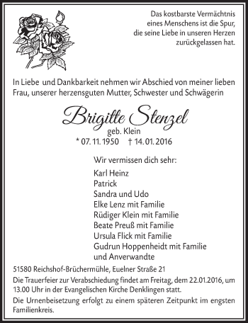 Anzeige von Brigitte Stenzel von  Lokalanzeiger 