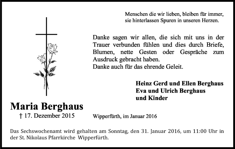  Traueranzeige für Maria Berghaus vom 23.01.2016 aus Kölner Stadt-Anzeiger / Kölnische Rundschau / Express