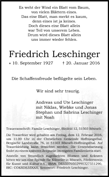 Anzeige von Friedrich Leschinger von Kölner Stadt-Anzeiger / Kölnische Rundschau / Express