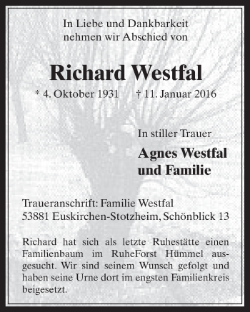 Anzeige von Richard Westfal 