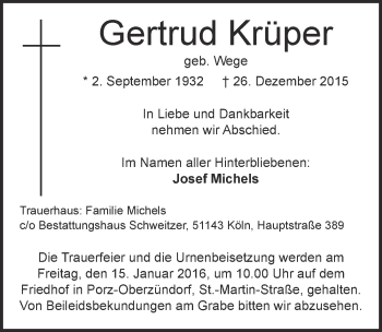 Anzeige von Gertrud Krüper von  Kölner Wochenspiegel 
