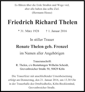 Anzeige von Friedrich Richard Thelen von Kölner Stadt-Anzeiger / Kölnische Rundschau / Express