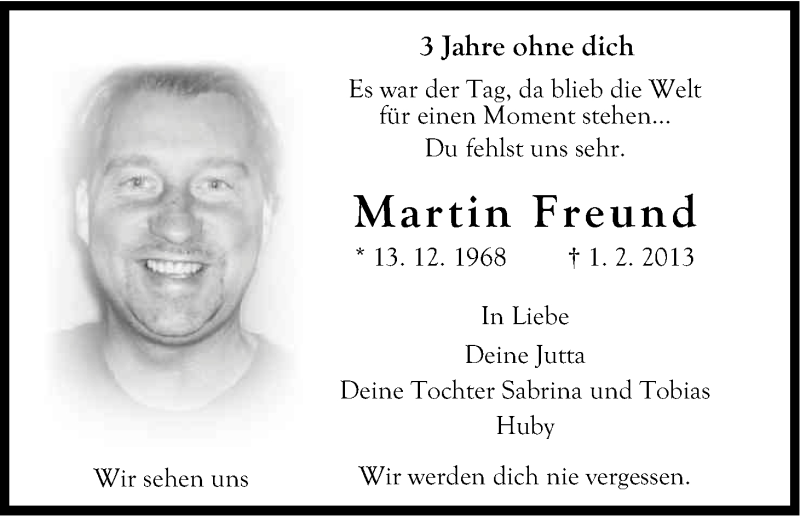  Traueranzeige für Martin Freund vom 01.02.2016 aus Kölner Stadt-Anzeiger / Kölnische Rundschau / Express