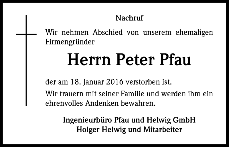  Traueranzeige für Peter Pfau vom 22.01.2016 aus Kölner Stadt-Anzeiger / Kölnische Rundschau / Express