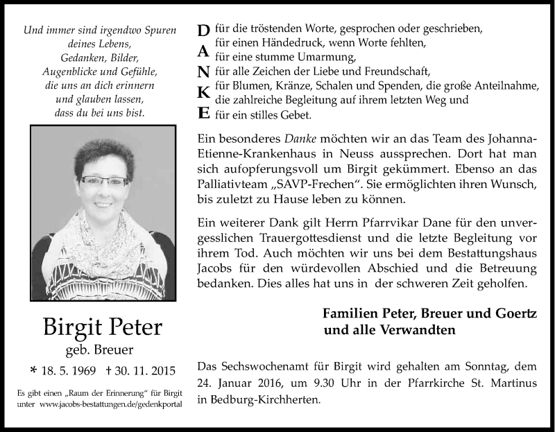  Traueranzeige für Birgit Peter vom 16.01.2016 aus Kölner Stadt-Anzeiger / Kölnische Rundschau / Express