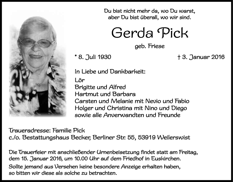  Traueranzeige für Gerda Pick vom 12.01.2016 aus Kölner Stadt-Anzeiger / Kölnische Rundschau / Express