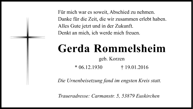  Traueranzeige für Gerda Rommelsheim vom 30.01.2016 aus Kölner Stadt-Anzeiger / Kölnische Rundschau / Express