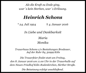 Anzeige von Heinrich Schons von Kölner Stadt-Anzeiger / Kölnische Rundschau / Express
