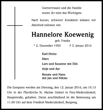 Anzeige von Hannelore Koewenig von Kölner Stadt-Anzeiger / Kölnische Rundschau / Express