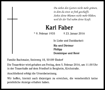 Anzeige von Karl Faber von Kölner Stadt-Anzeiger / Kölnische Rundschau / Express