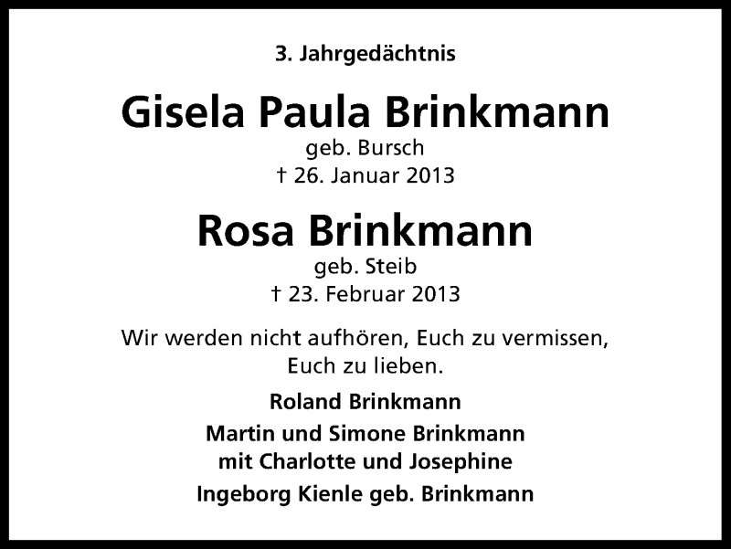  Traueranzeige für Gisela Paula Brinkmann vom 26.01.2016 aus Kölner Stadt-Anzeiger / Kölnische Rundschau / Express
