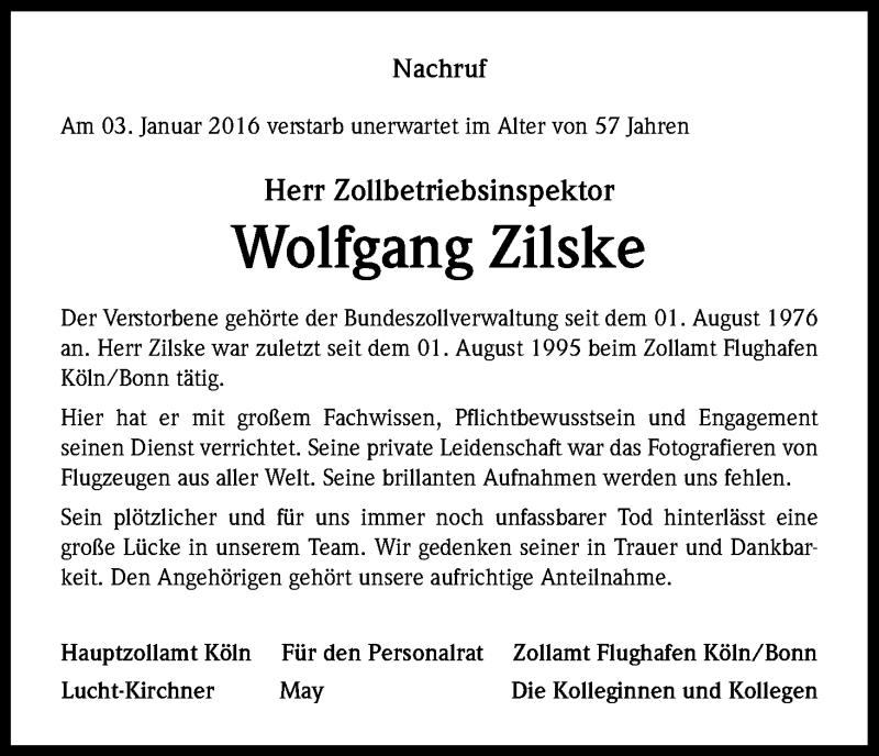  Traueranzeige für Wolfgang Zilske vom 14.01.2016 aus Kölner Stadt-Anzeiger / Kölnische Rundschau / Express