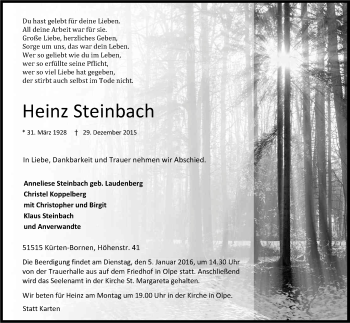 Anzeige von Heinz Steinbach von Kölner Stadt-Anzeiger / Kölnische Rundschau / Express