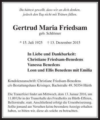 Anzeige von Gertrud Maria Friedsam von  Wochenende 