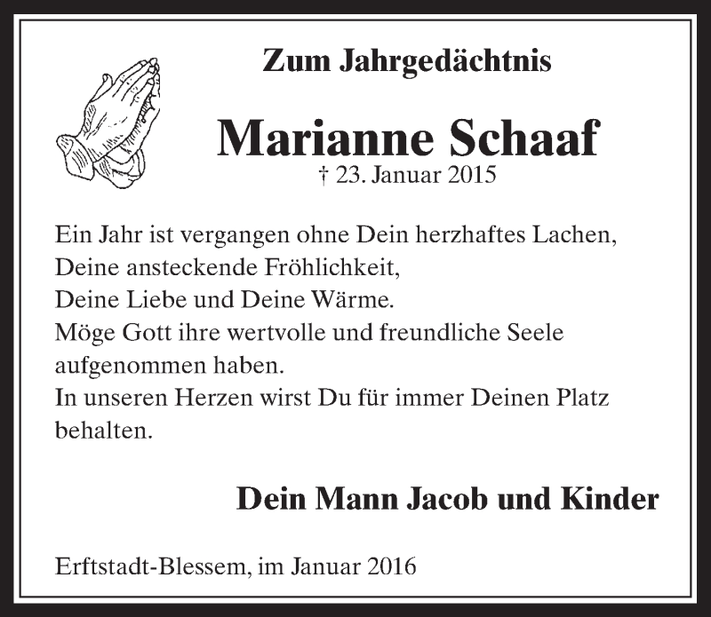  Traueranzeige für Marianne Schaaf vom 20.01.2016 aus  Werbepost 