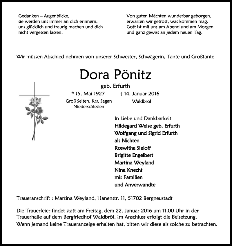  Traueranzeige für Dora Pönitz vom 20.01.2016 aus Kölner Stadt-Anzeiger / Kölnische Rundschau / Express