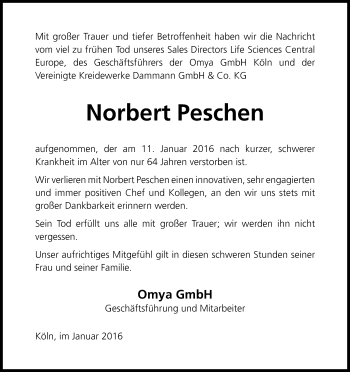 Anzeige von Norbert Peschen von Kölner Stadt-Anzeiger / Kölnische Rundschau / Express