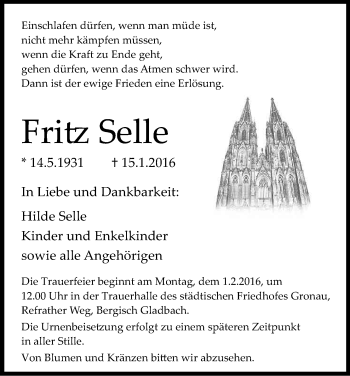 Anzeige von Fritz Selle von Kölner Stadt-Anzeiger / Kölnische Rundschau / Express