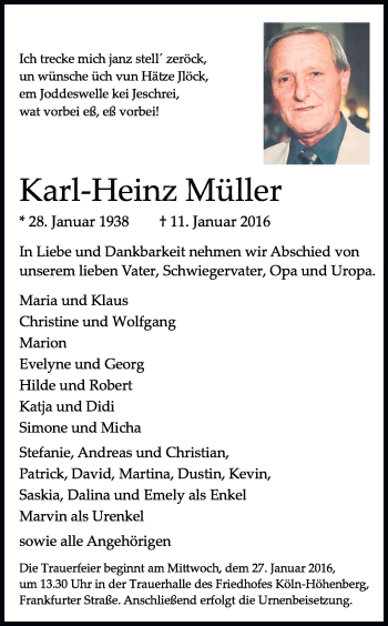 Anzeige von Karl-Heinz Müller von Kölner Stadt-Anzeiger / Kölnische Rundschau / Express