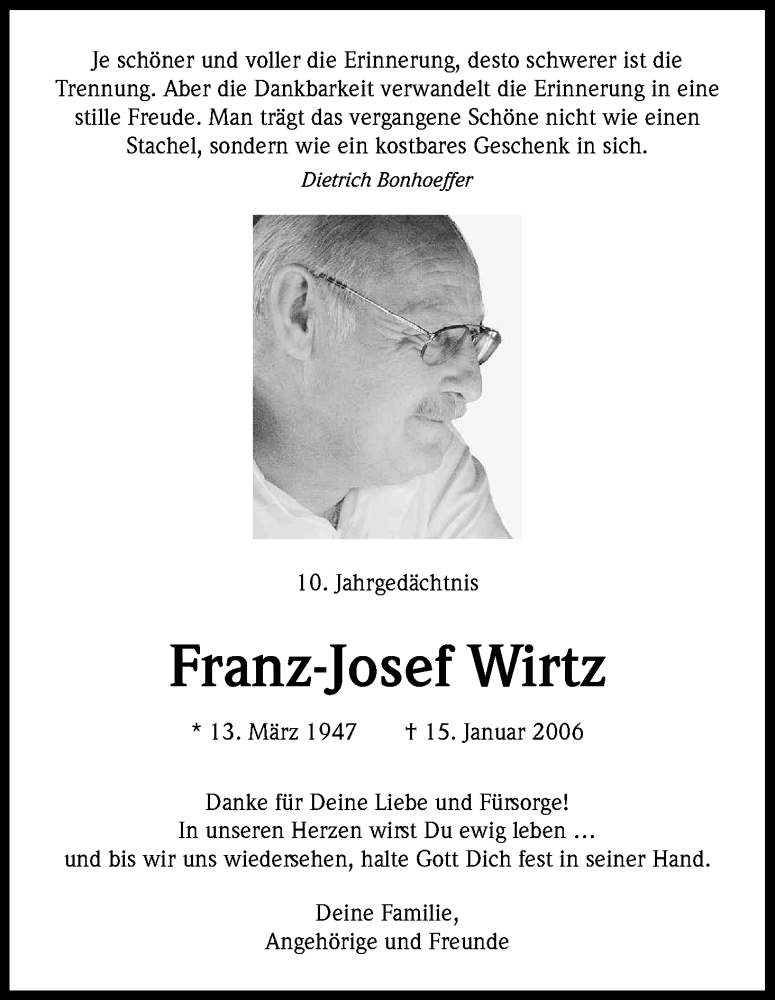  Traueranzeige für Franz-Josef Wirtz vom 15.01.2016 aus Kölner Stadt-Anzeiger / Kölnische Rundschau / Express
