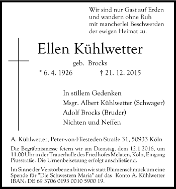 Anzeige von Ellen Kühlwetter von Kölner Stadt-Anzeiger / Kölnische Rundschau / Express