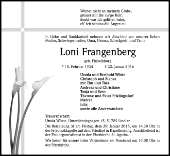Anzeige von Loni Frangenberg von Kölner Stadt-Anzeiger / Kölnische Rundschau / Express