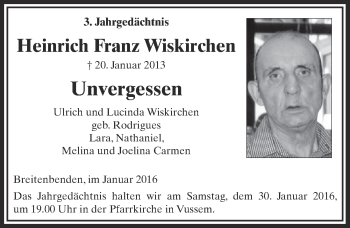 Anzeige von Heinrich Franz Wiskirchen von  Blickpunkt Euskirchen 