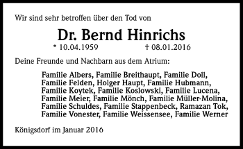 Anzeige von Bernd Hinrichs von Kölner Stadt-Anzeiger / Kölnische Rundschau / Express