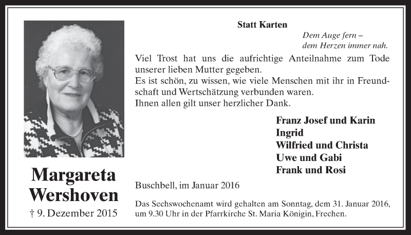  Traueranzeige für Margareta Wershoven vom 27.01.2016 aus  Wochenende 
