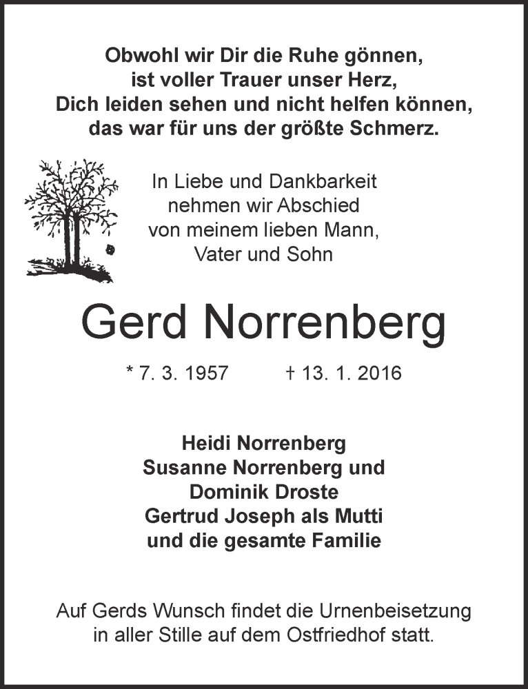  Traueranzeige für Gerd Norrenberg vom 20.01.2016 aus  Kölner Wochenspiegel 