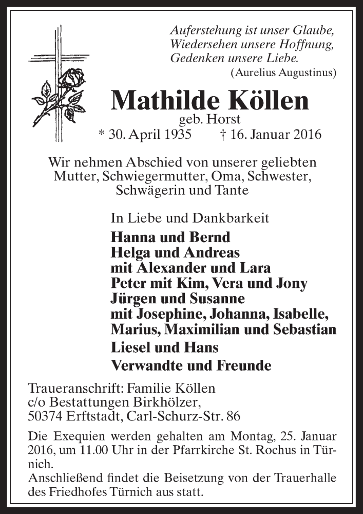  Traueranzeige für Mathilde Köllen vom 23.01.2016 aus  Sonntags-Post 