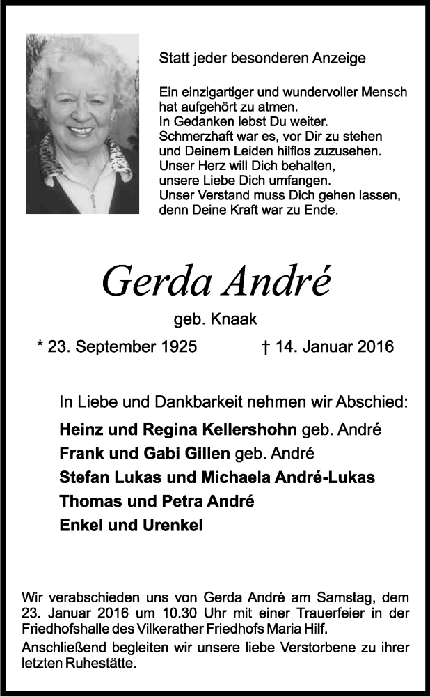  Traueranzeige für Gerda André vom 18.01.2016 aus Kölner Stadt-Anzeiger / Kölnische Rundschau / Express