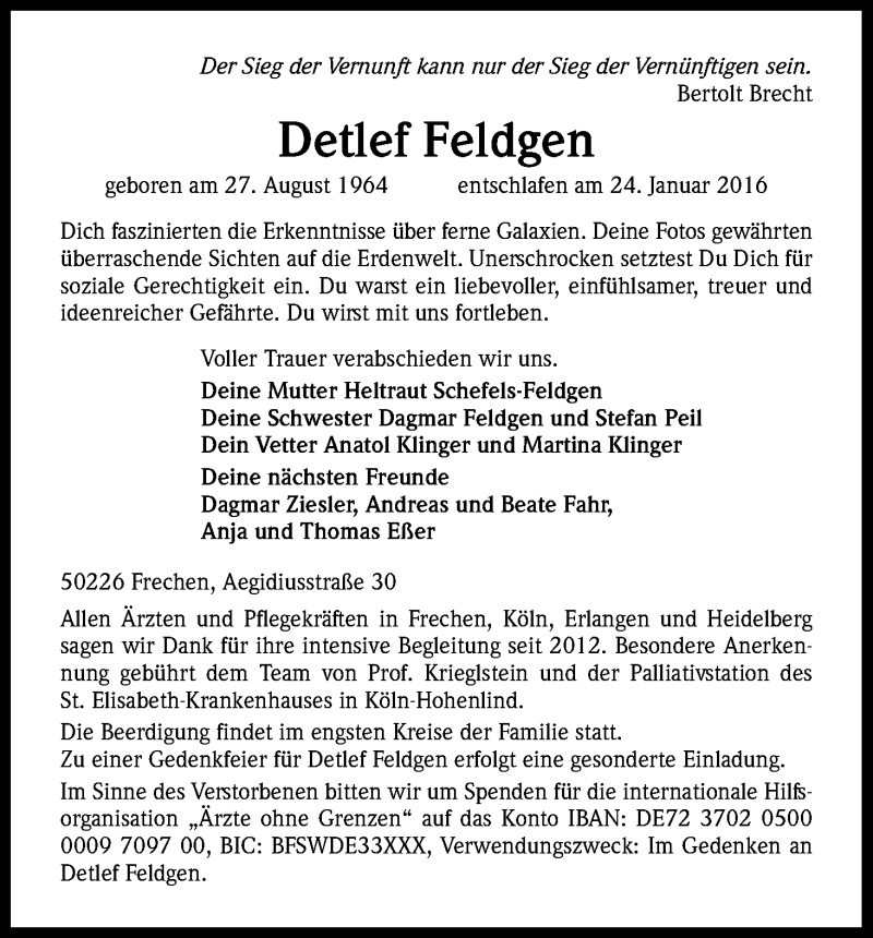  Traueranzeige für Detlef Feldgen vom 30.01.2016 aus Kölner Stadt-Anzeiger / Kölnische Rundschau / Express
