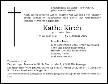 Anzeige von Käthe Kirch von Kölner Stadt-Anzeiger / Kölnische Rundschau / Express