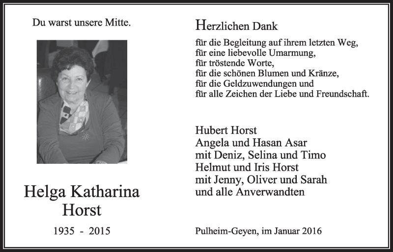  Traueranzeige für Helga Katharina Horst vom 30.01.2016 aus  Sonntags-Post 