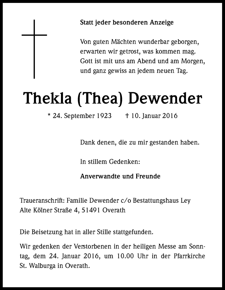  Traueranzeige für Thekla Dewender vom 16.01.2016 aus Kölner Stadt-Anzeiger / Kölnische Rundschau / Express