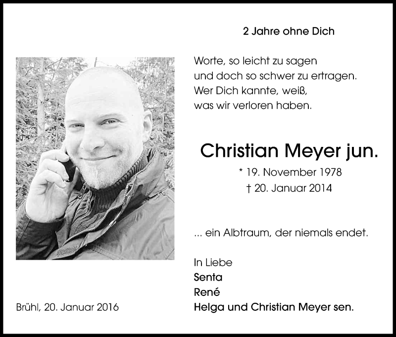  Traueranzeige für Christian Meyer vom 23.01.2016 aus Kölner Stadt-Anzeiger / Kölnische Rundschau / Express