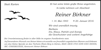 Anzeige von Reiner Birkner von Kölner Stadt-Anzeiger / Kölnische Rundschau / Express