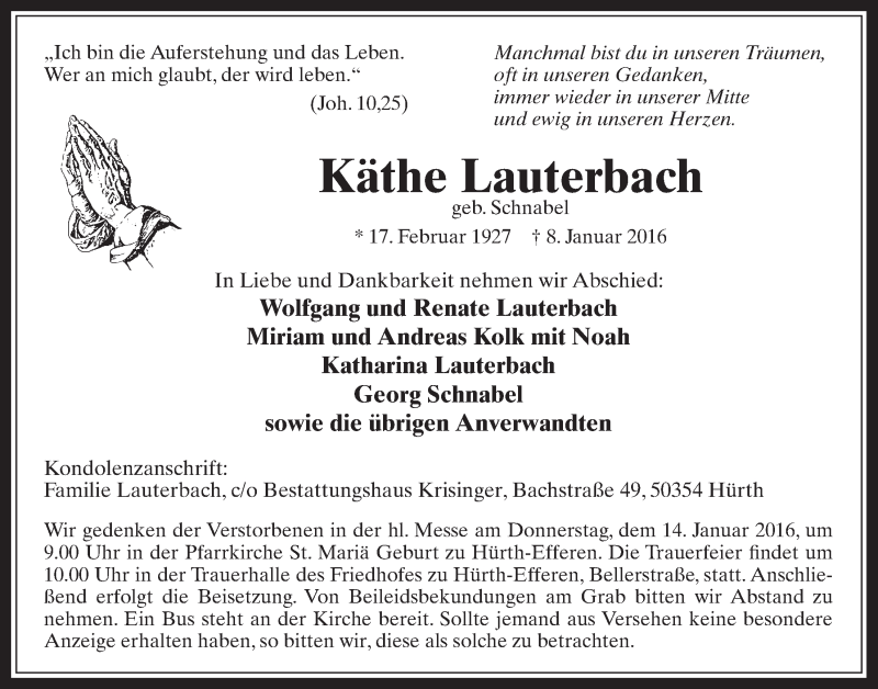  Traueranzeige für Käthe Lauterbach vom 13.01.2016 aus  Wochenende 