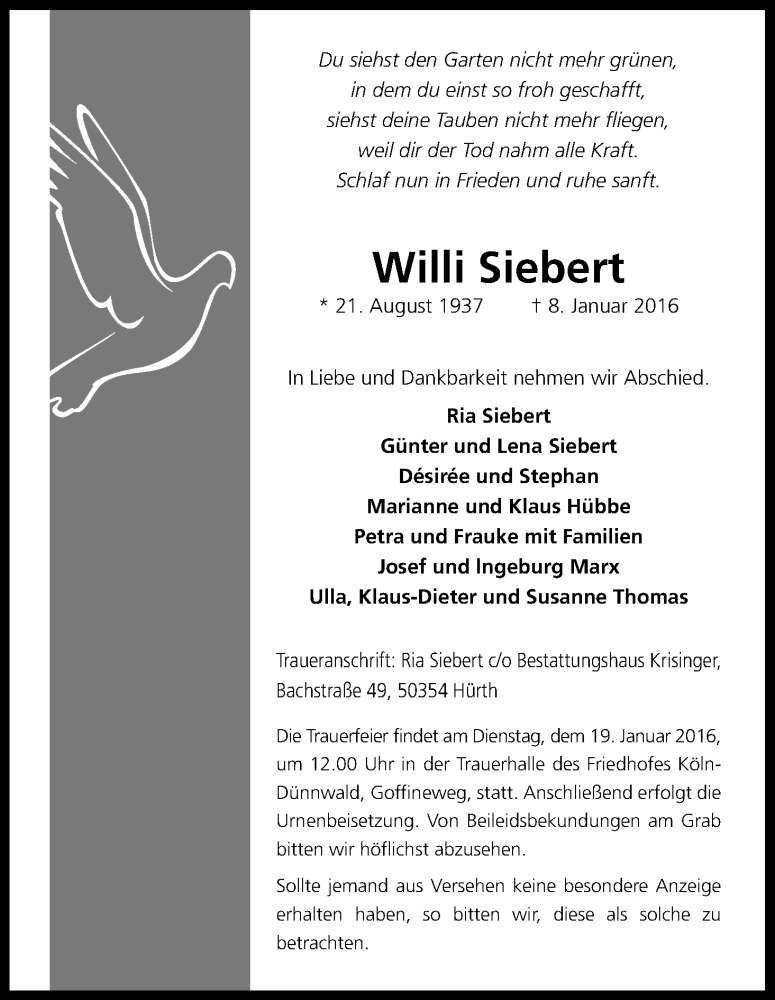  Traueranzeige für Willi Siebert vom 16.01.2016 aus Kölner Stadt-Anzeiger / Kölnische Rundschau / Express